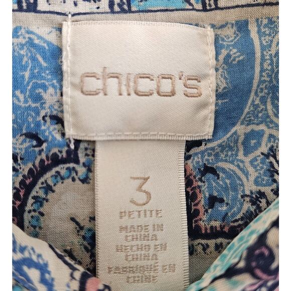 CHICO'S 3 Women's Petite 16P Shirt Blue Paisley Roll Up Tabs Cotton 44" - Picture 3 of 6